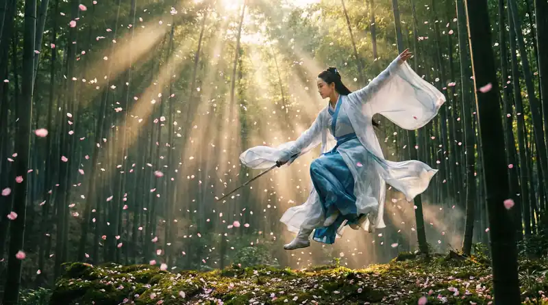 母狗精彩影片预告片画面，竹林中女侠飞身舞剑